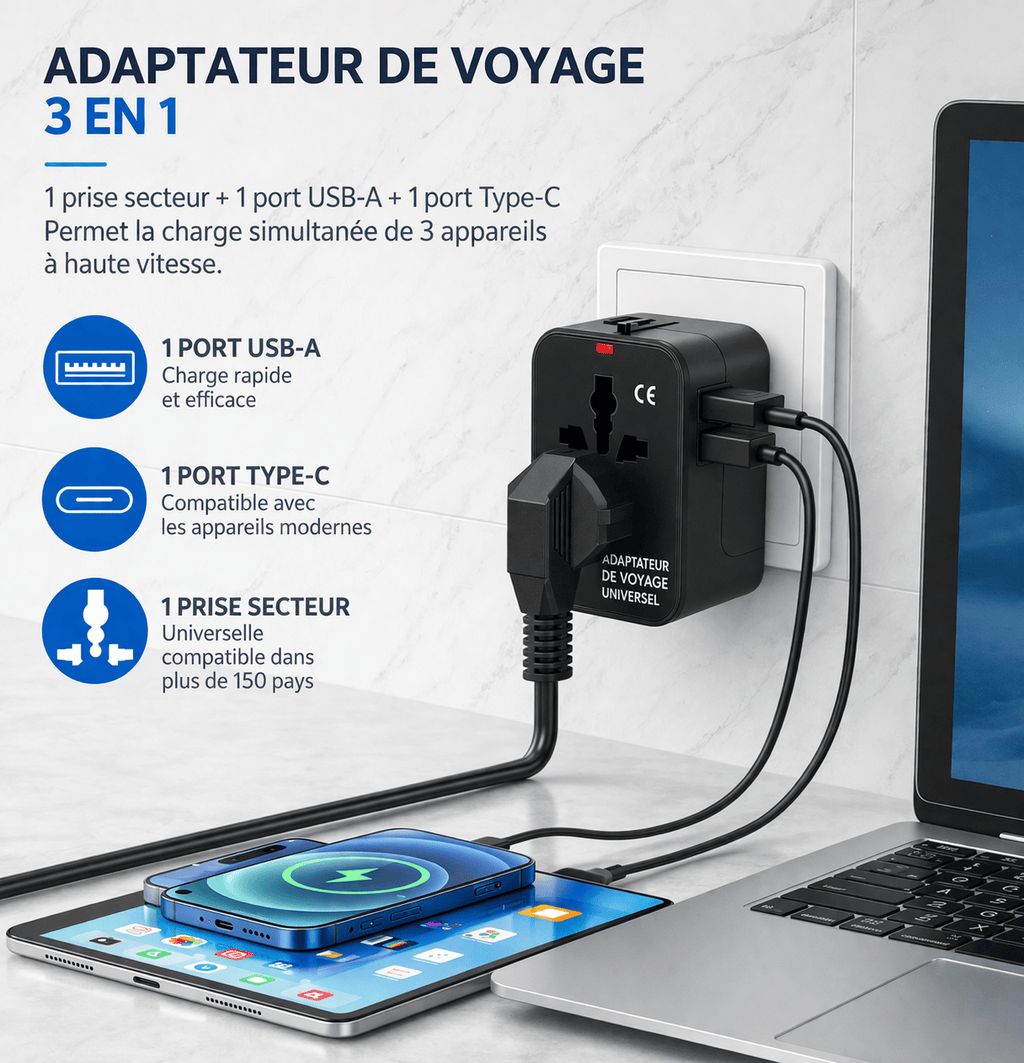 Adaptateur Prise Voyage Universel – All-in-One EU/UK/US/AUS avec USB-C & USB-A 2.4A