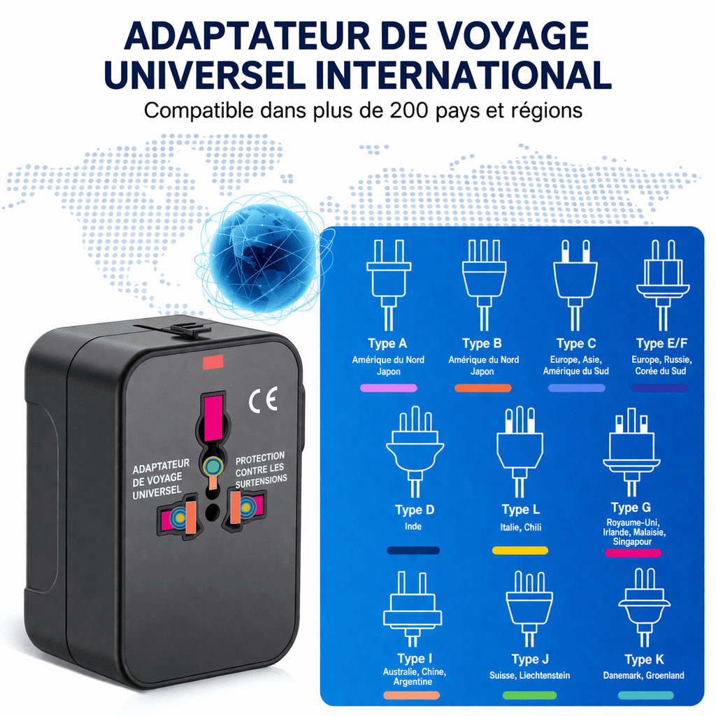 Adaptateur Prise Voyage Universel – All-in-One EU/UK/US/AUS avec USB-C & USB-A 2.4A