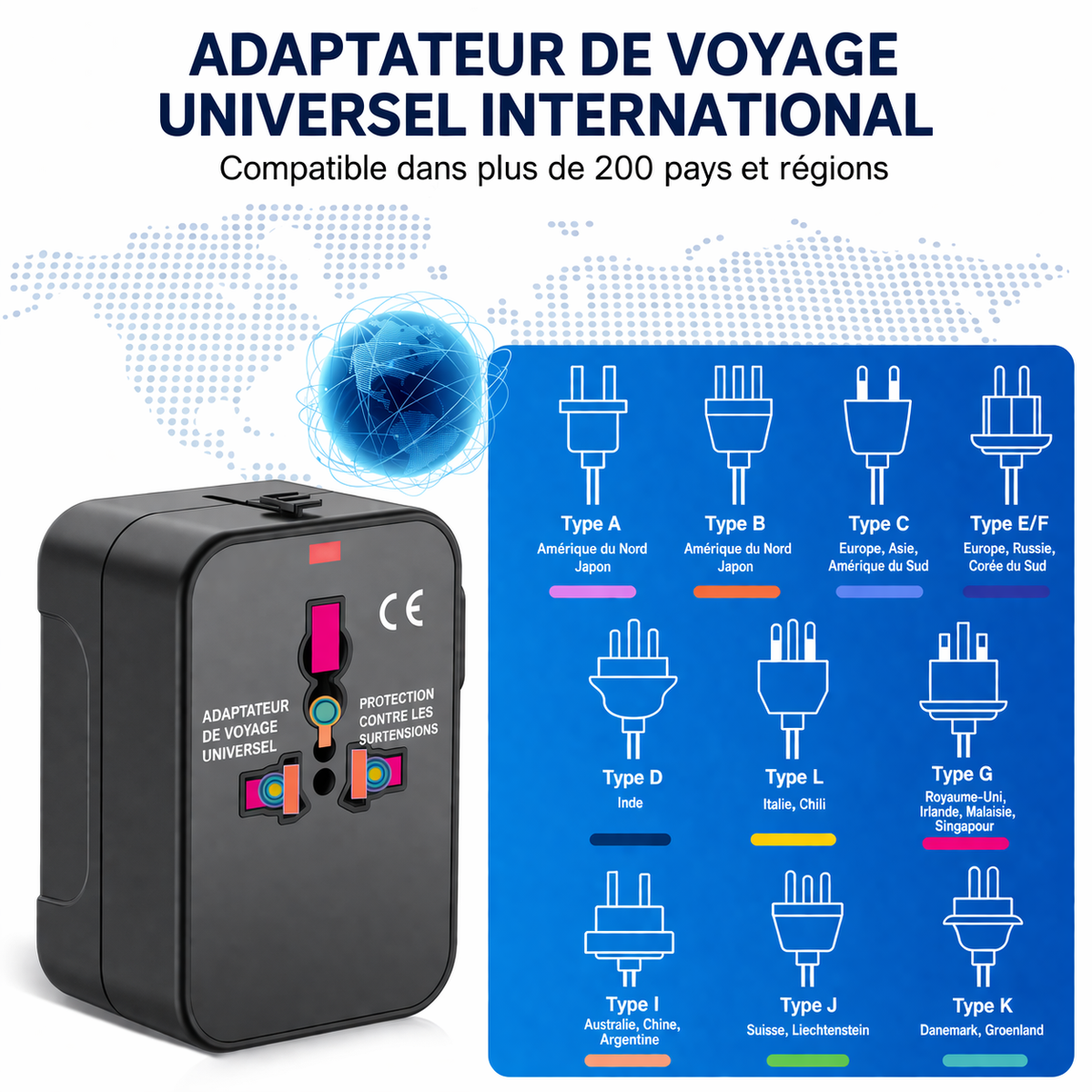 Adaptateur Prise Voyage Universel – All-in-One EU/UK/US/AUS avec USB-C & USB-A 2.4A