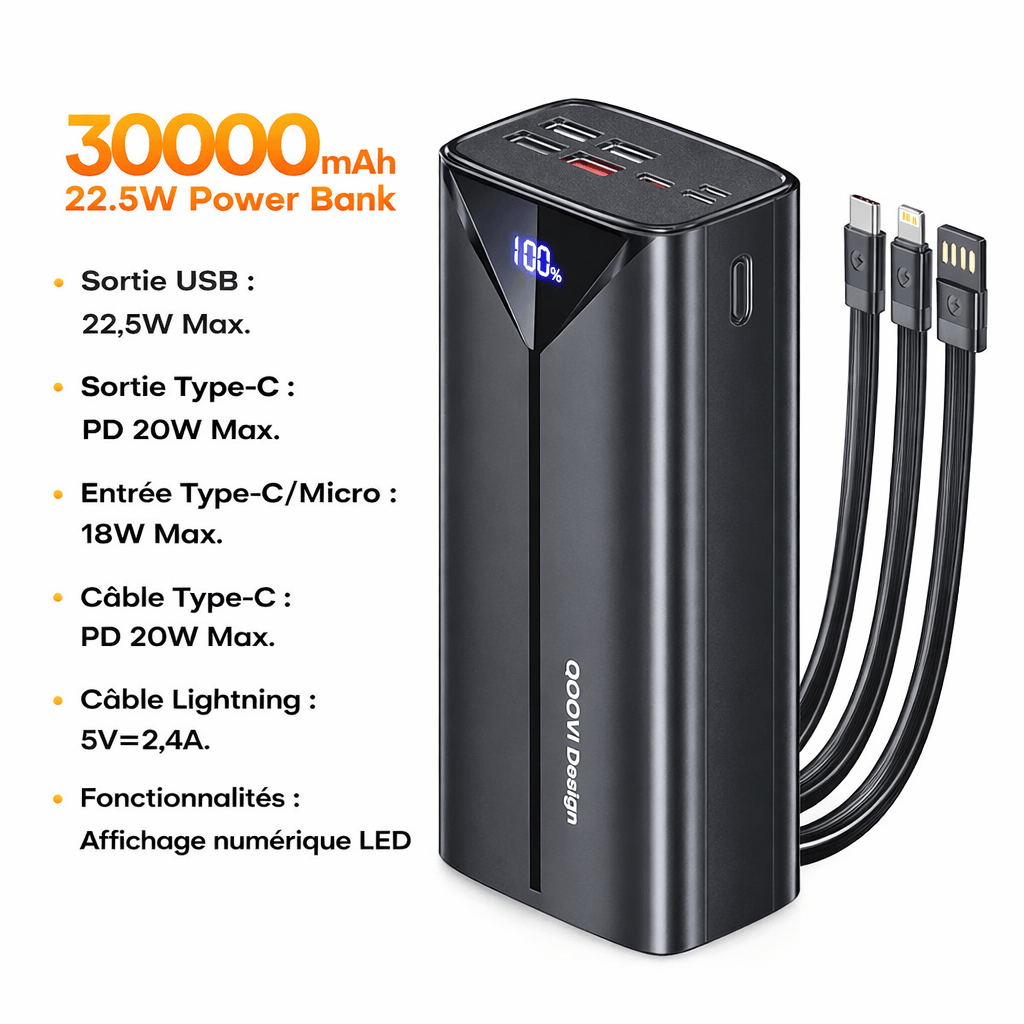 Batterie Externe 30000mAh 22.5W – Charge Rapide avec Câble Intégré