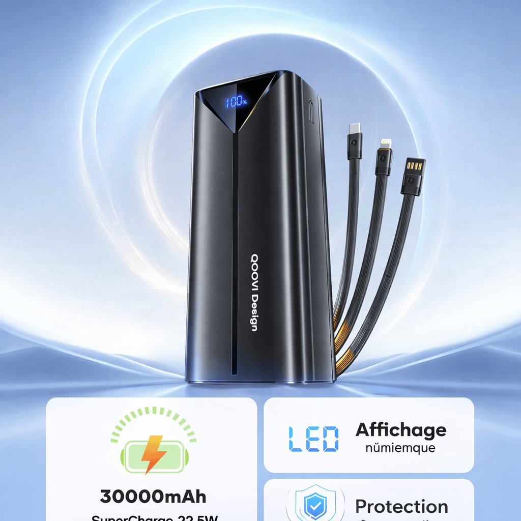 Batterie Externe 30000mAh 22.5W – Charge Rapide avec Câble Intégré