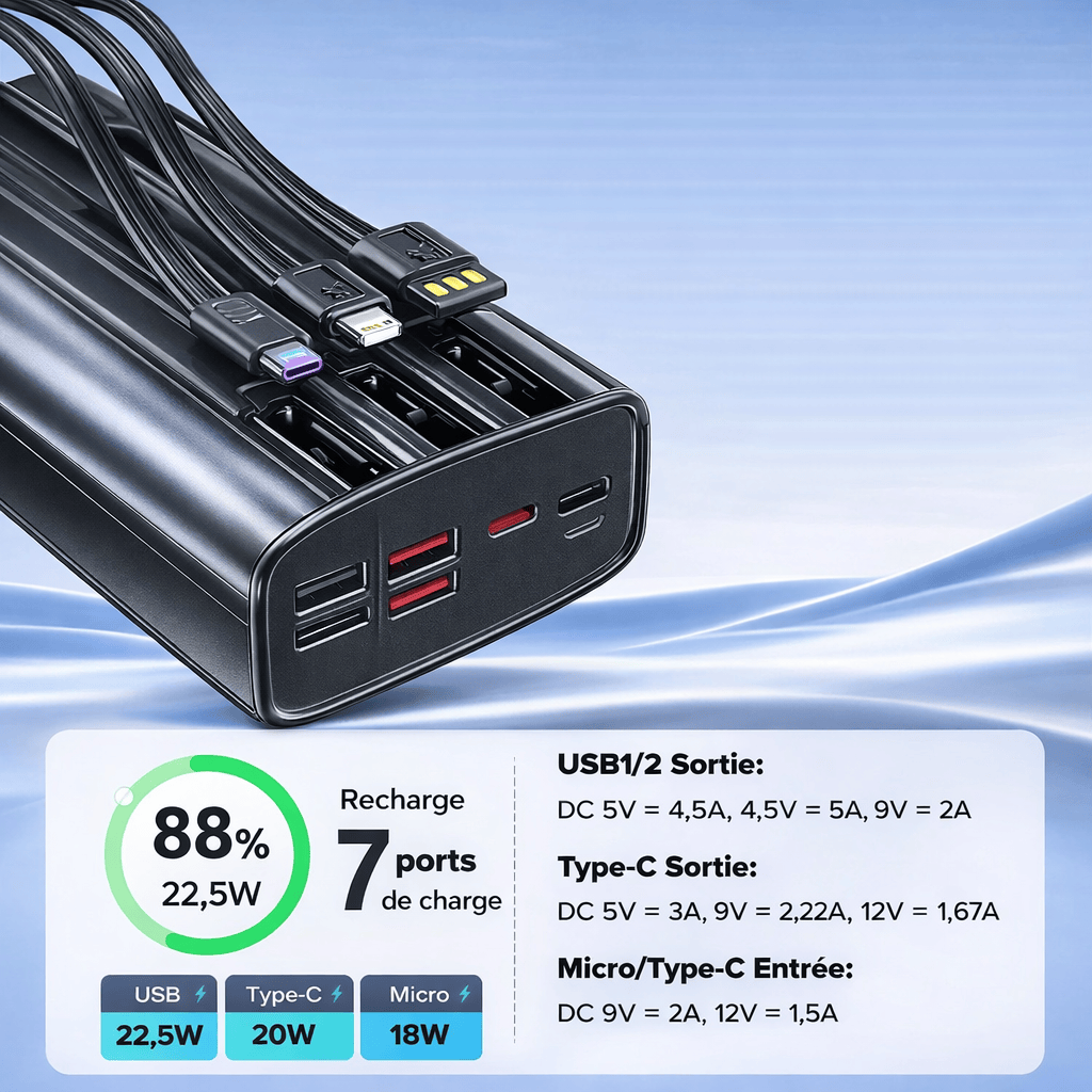 Batterie Externe 30000mAh 22.5W – Charge Rapide avec Câble Intégré