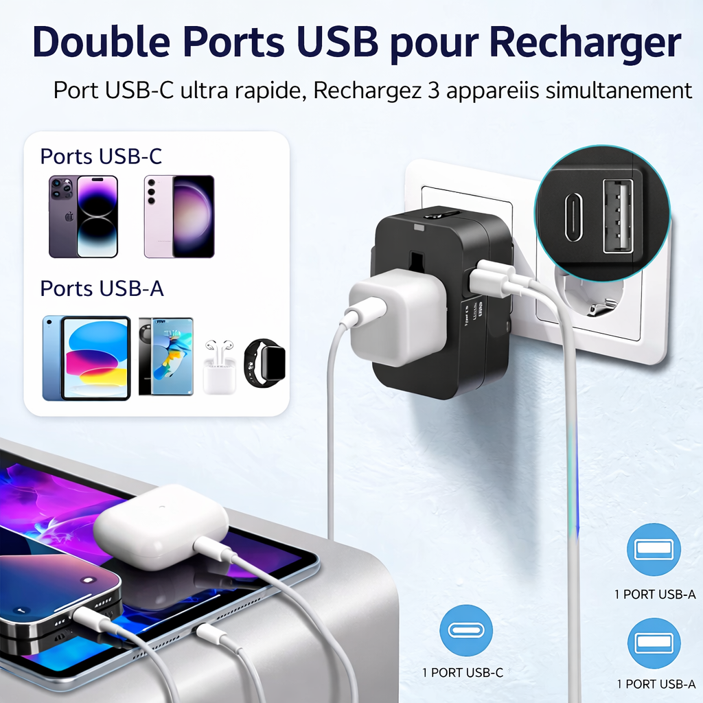 Adaptateur Prise Voyage Universel – EU/UK/US/AU avec USB & USB-C
