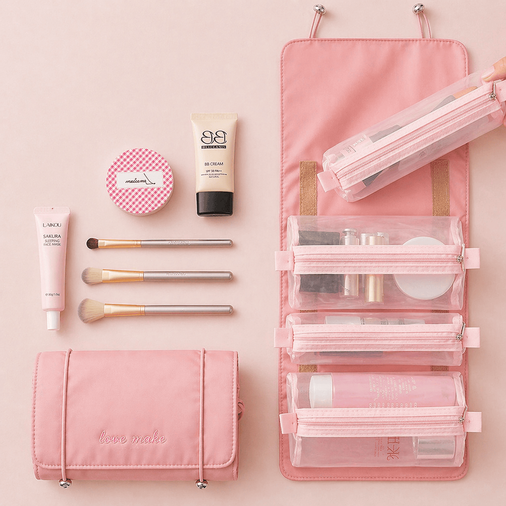 Trousse Maquillage Femme 4-en-1 Pliable avec Compartiments Zippés