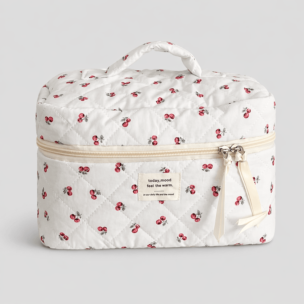 Trousse Maquillage Femme Cerises Matelassée – Pochette Voyage Zippée