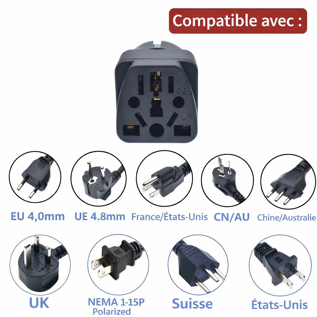 Adaptateur Prise Voyage Universel – US/UK/AU vers EU