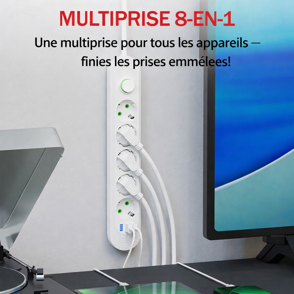 Multiprise EU avec Rallonge 2m – Prises AC & Ports USB 2.1A