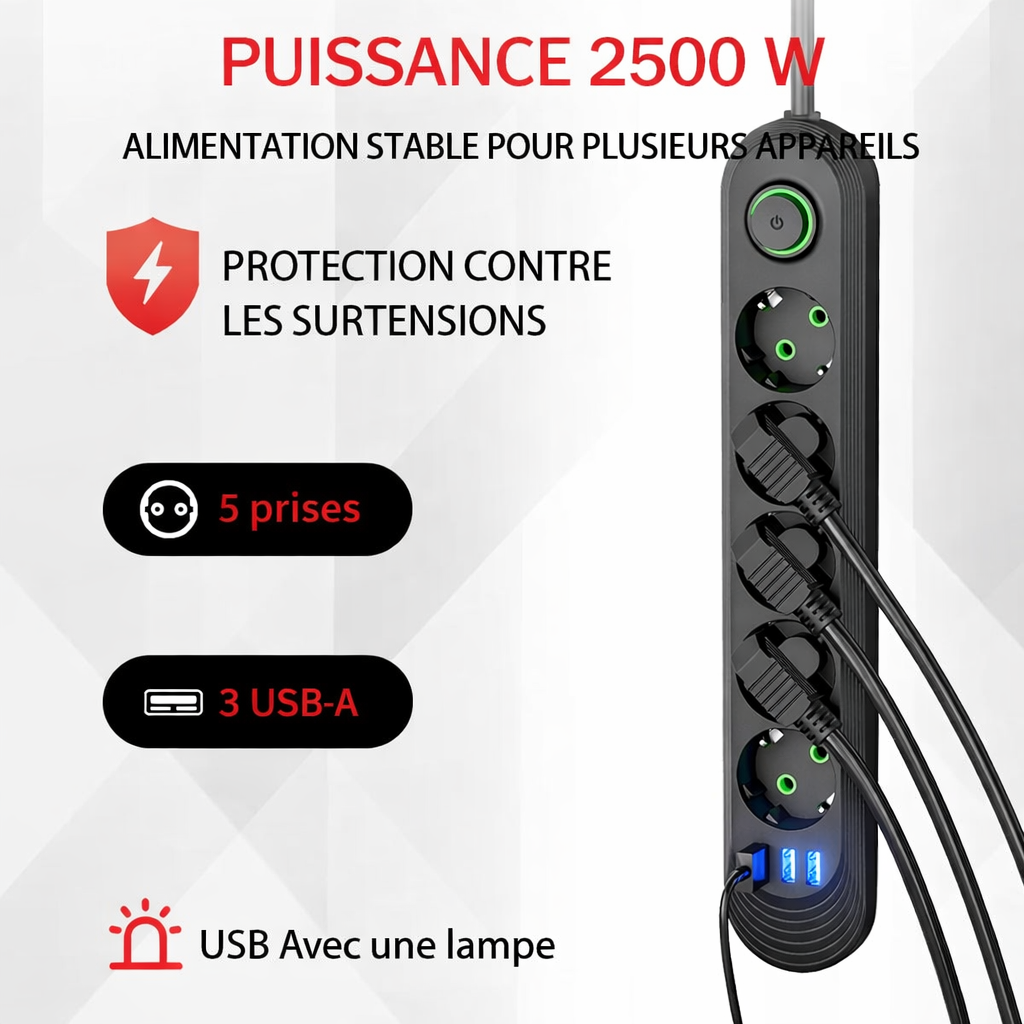 Multiprise EU avec Rallonge 2m – Prises AC & Ports USB 2.1A