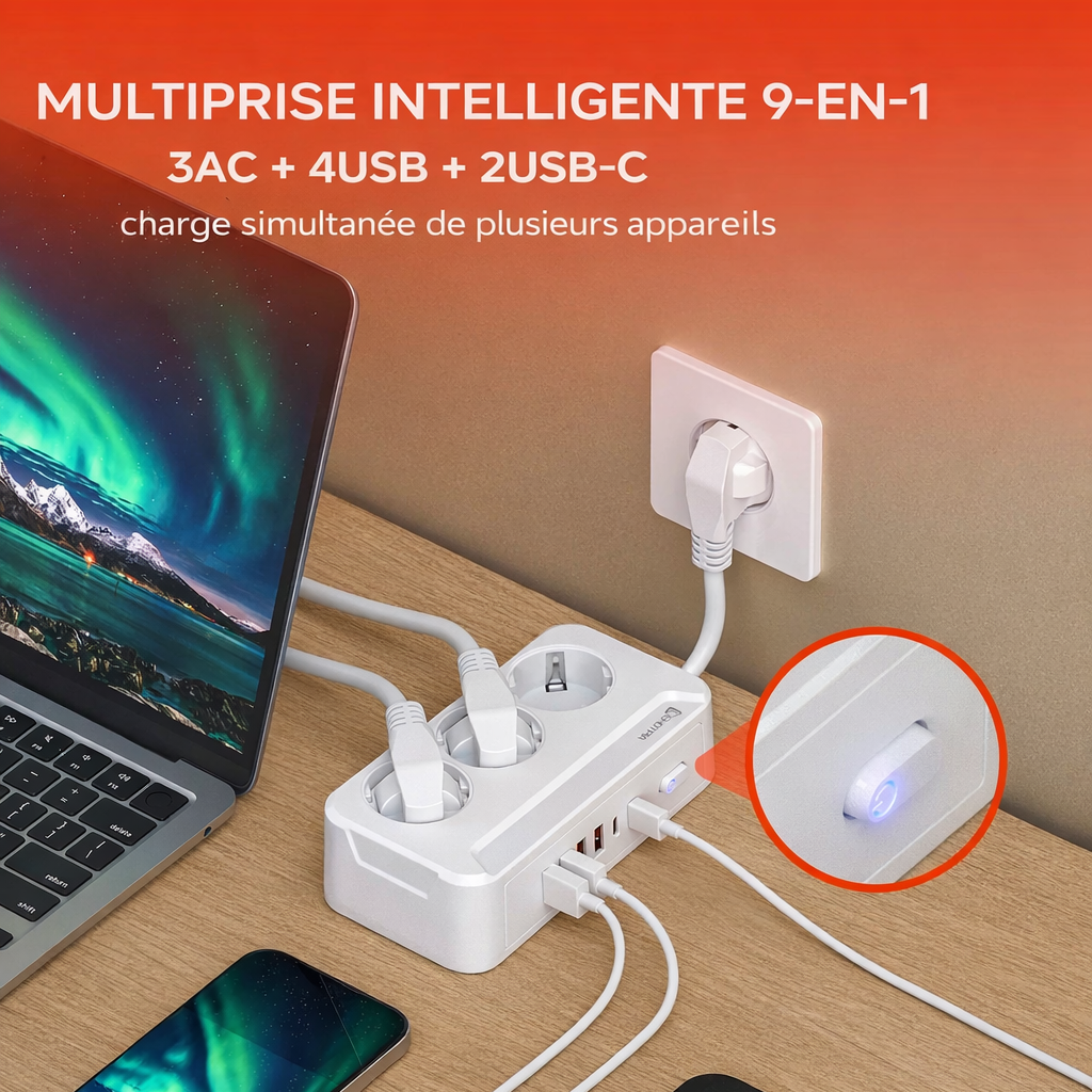 Multiprise EU 2500W avec Câble 1.8m – Prises AC & USB-C