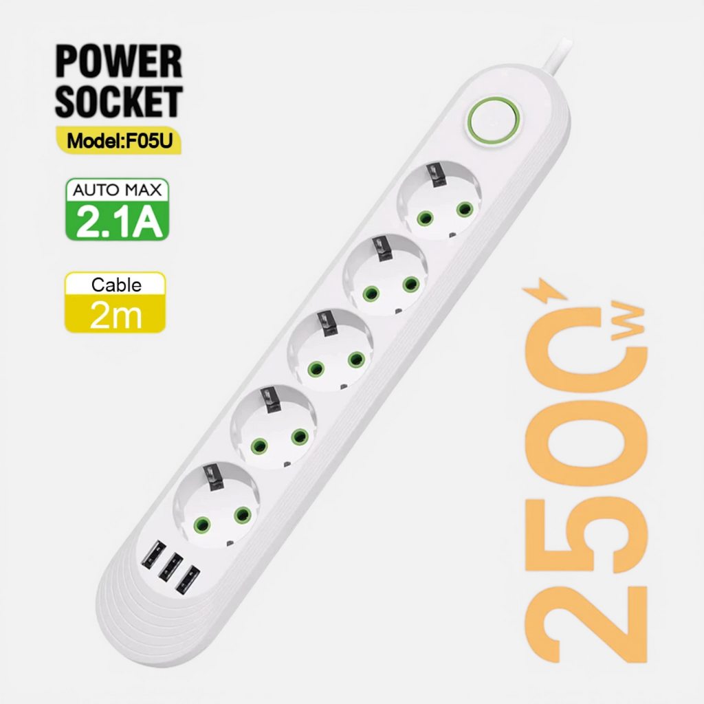 Multiprise EU avec Rallonge 2m – Prises AC & Ports USB 2.1A