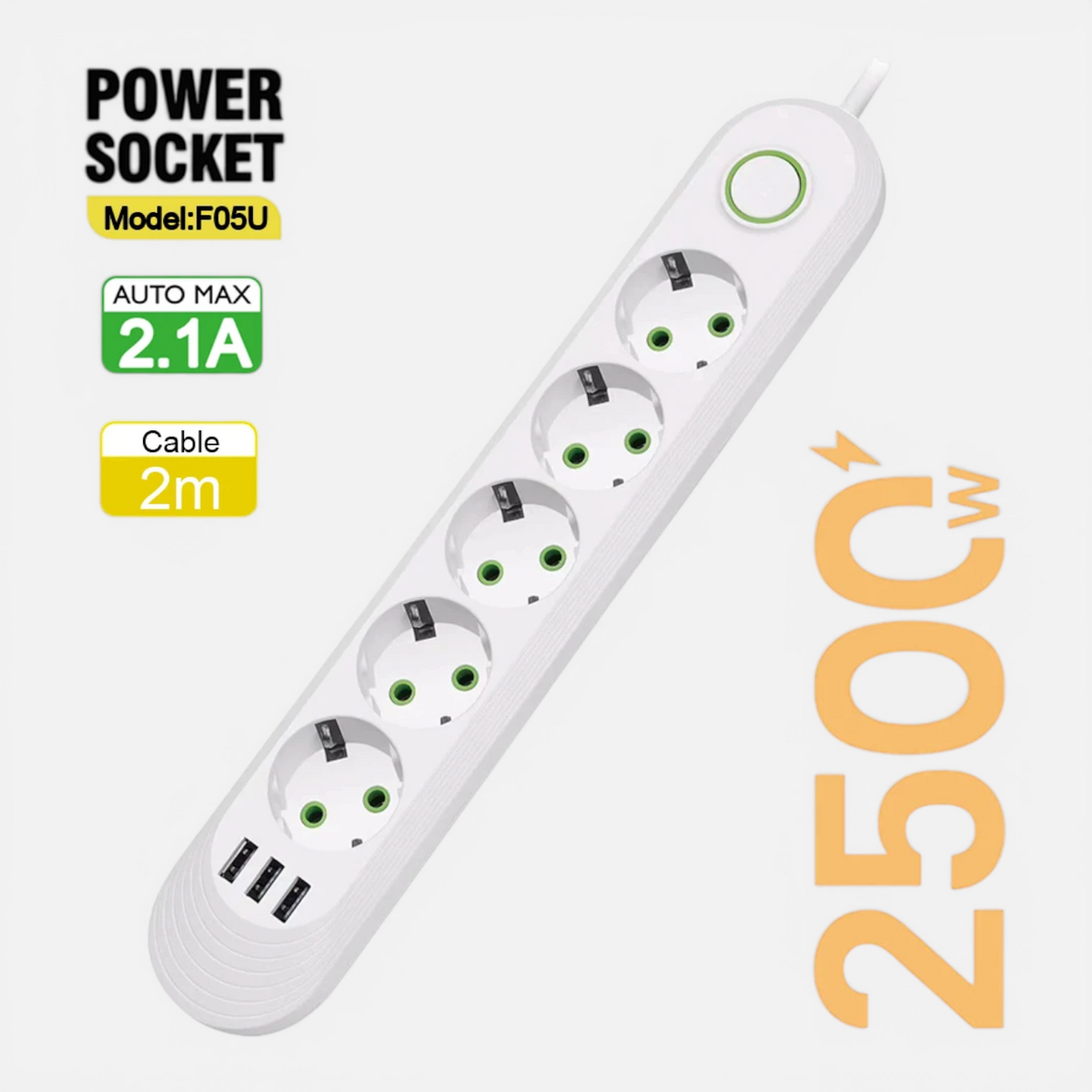 Multiprise EU avec Rallonge 2m – Prises AC & Ports USB 2.1A