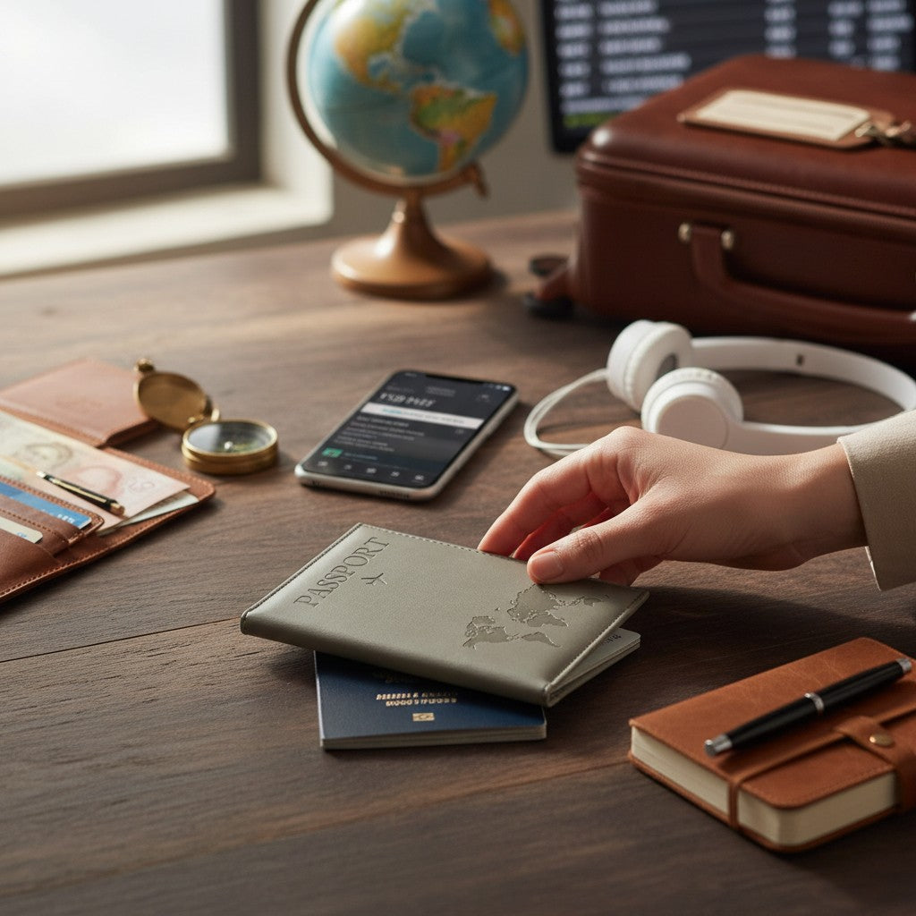 Protège-Passeport en Cuir Carte du Monde – Organisateur de Voyage avec Porte-Cartes & ID