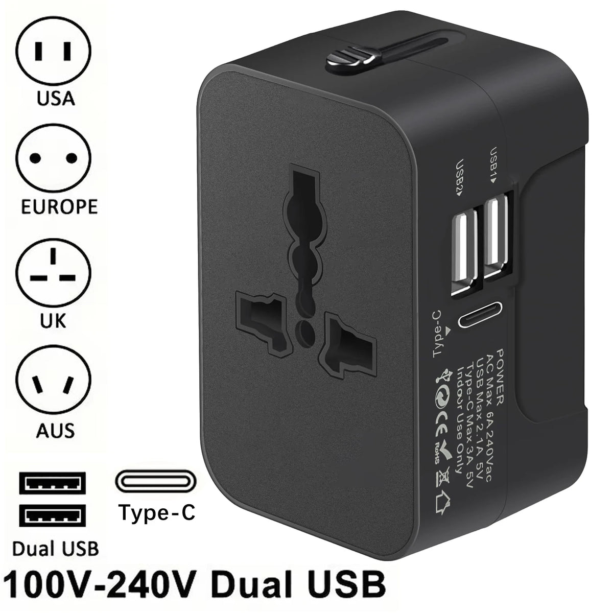 Adaptateur Prise Voyage Universel – EU/UK/US/AU avec USB & USB-C