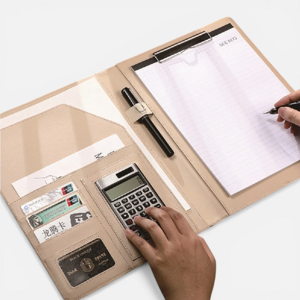 Porte-Documents de Bureau avec Calculatrice – Classeur de Rangement & Carnet de Notes