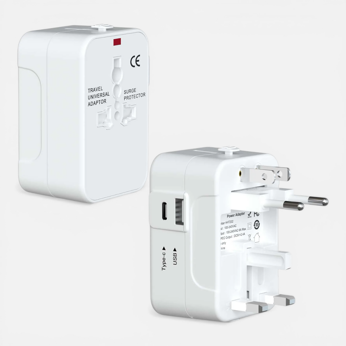 Adaptateur Prise Voyage Universel – All-in-One EU/UK/US/AUS avec USB-C & USB-A 2.4A