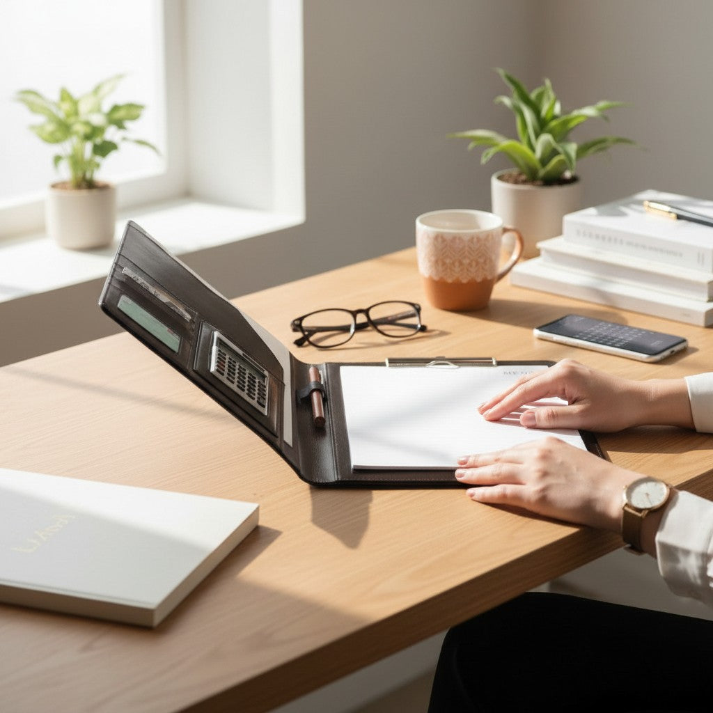Porte-Documents de Bureau avec Calculatrice – Classeur de Rangement & Carnet de Notes