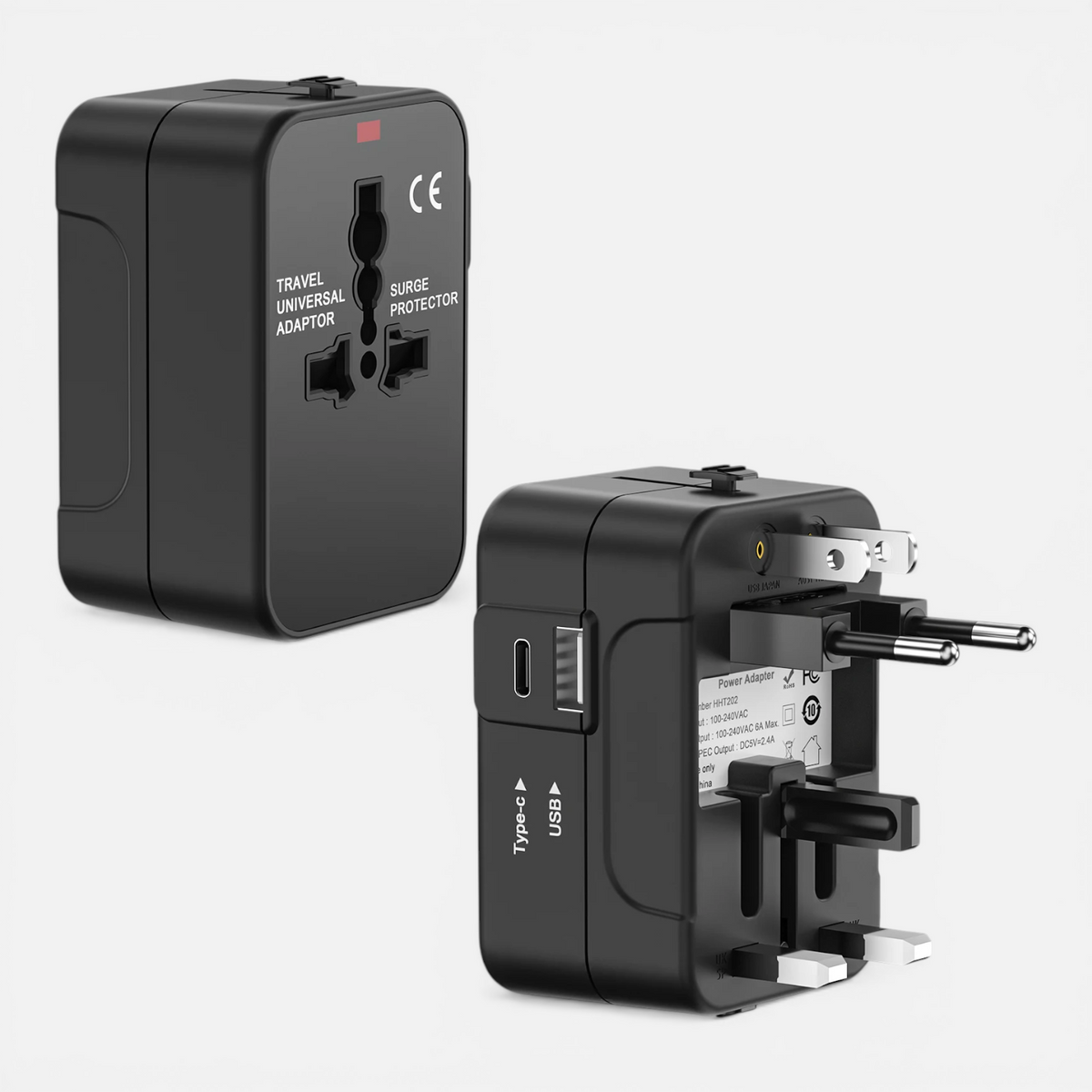 Adaptateur Prise Voyage Universel – All-in-One EU/UK/US/AUS avec USB-C & USB-A 2.4A