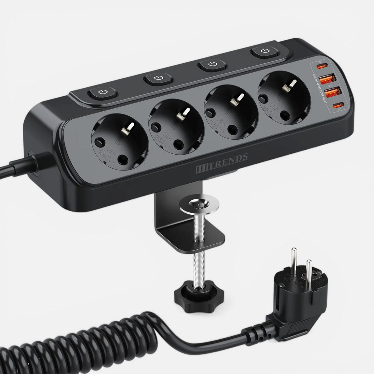 Multiprise EU avec Interrupteurs Individuels – 4 Prises AC & USB