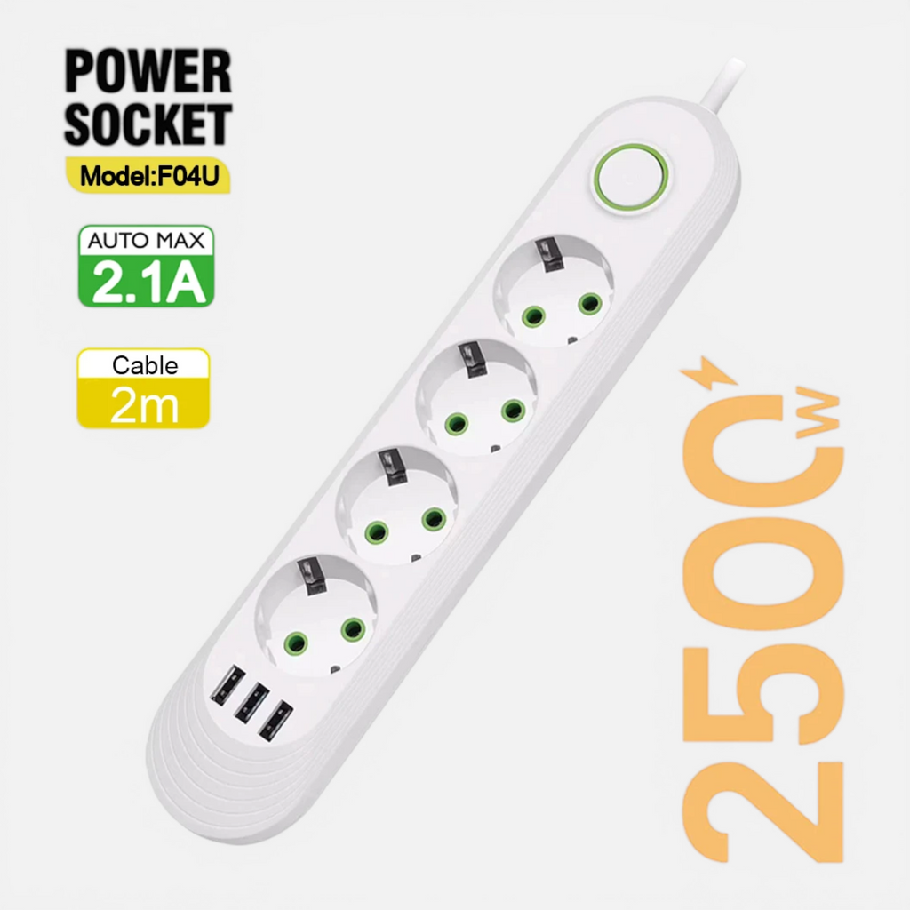 Multiprise EU avec Rallonge 2m – Prises AC & Ports USB 2.1A