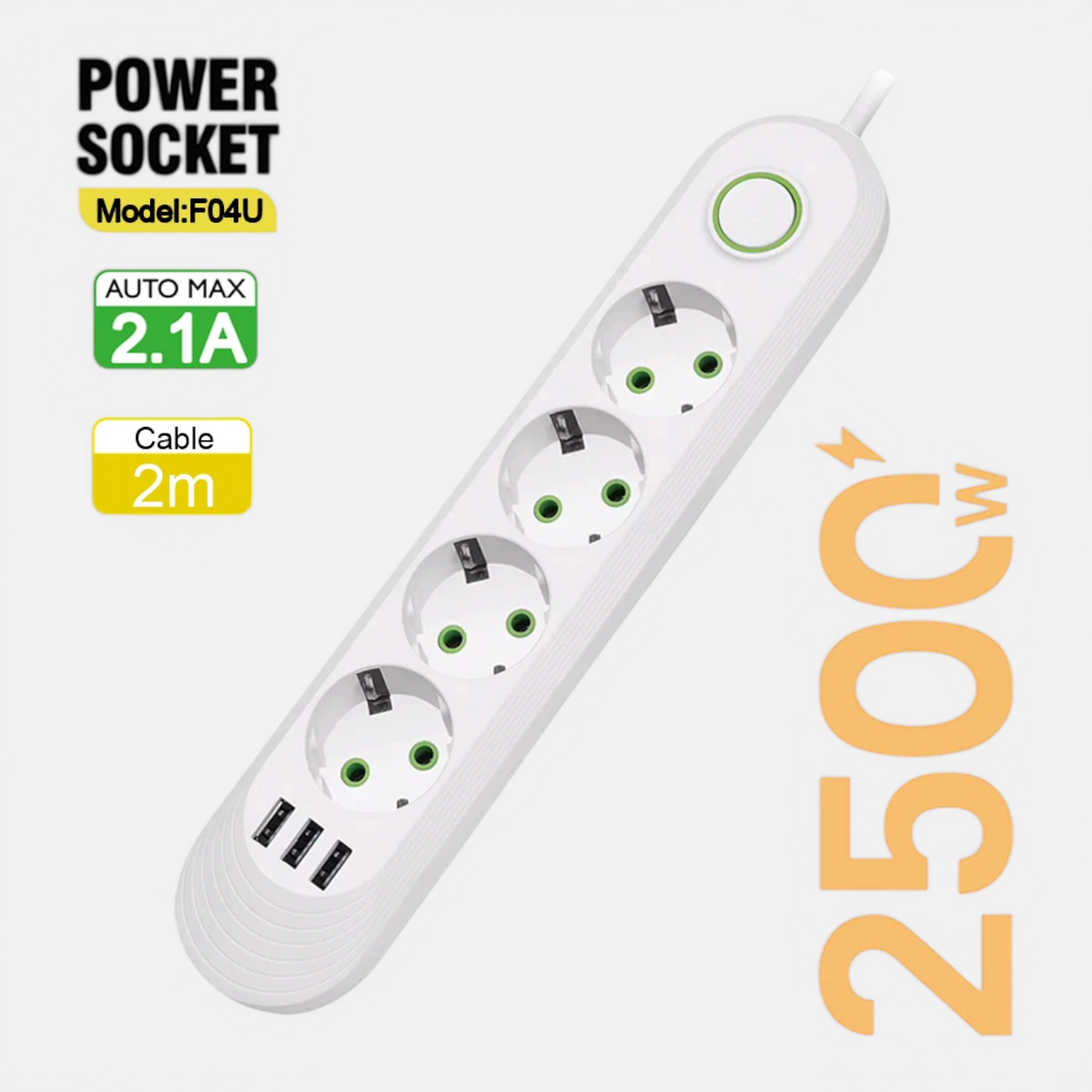 Multiprise EU avec Rallonge 2m – Prises AC & Ports USB 2.1A