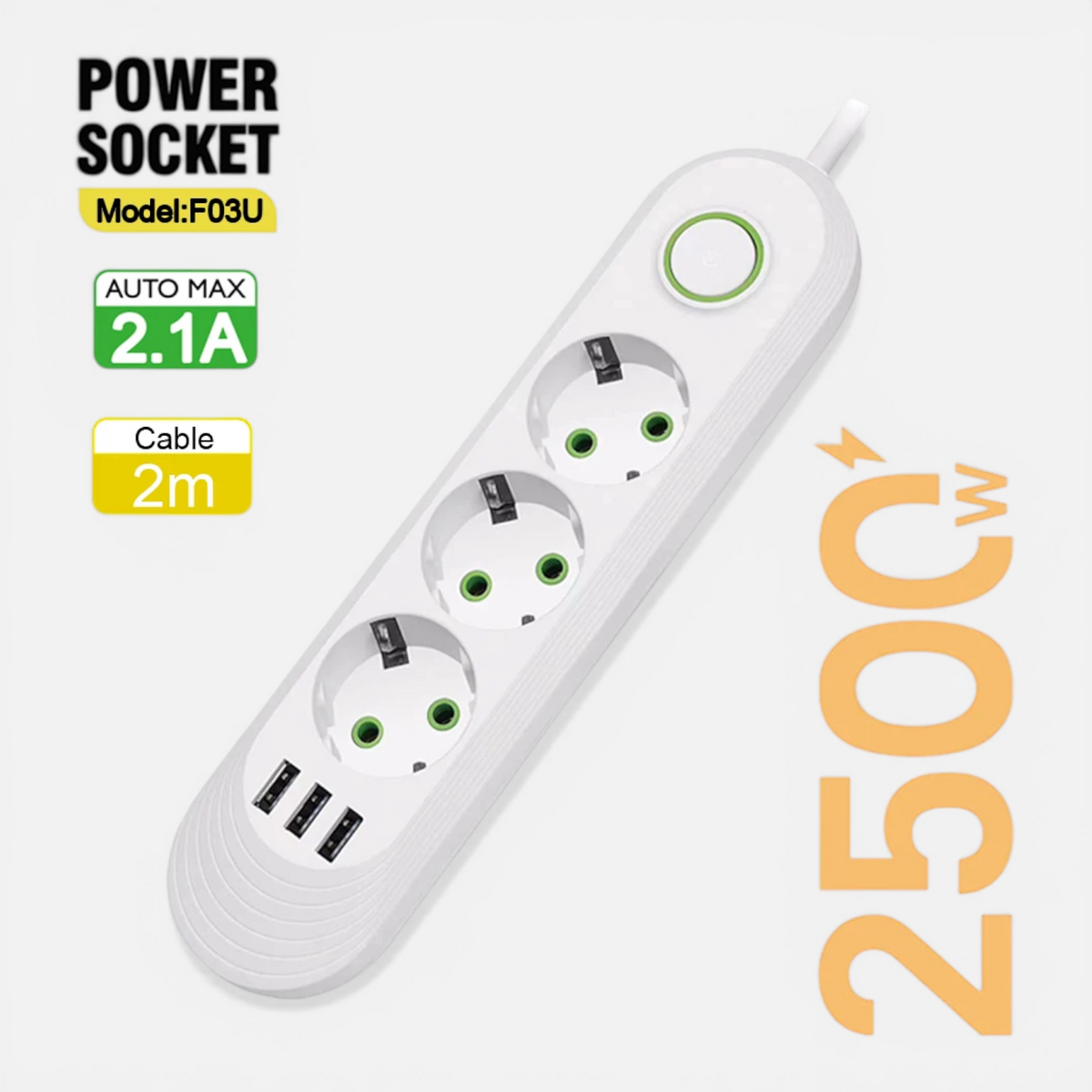 Multiprise EU avec Rallonge 2m – Prises AC & Ports USB 2.1A