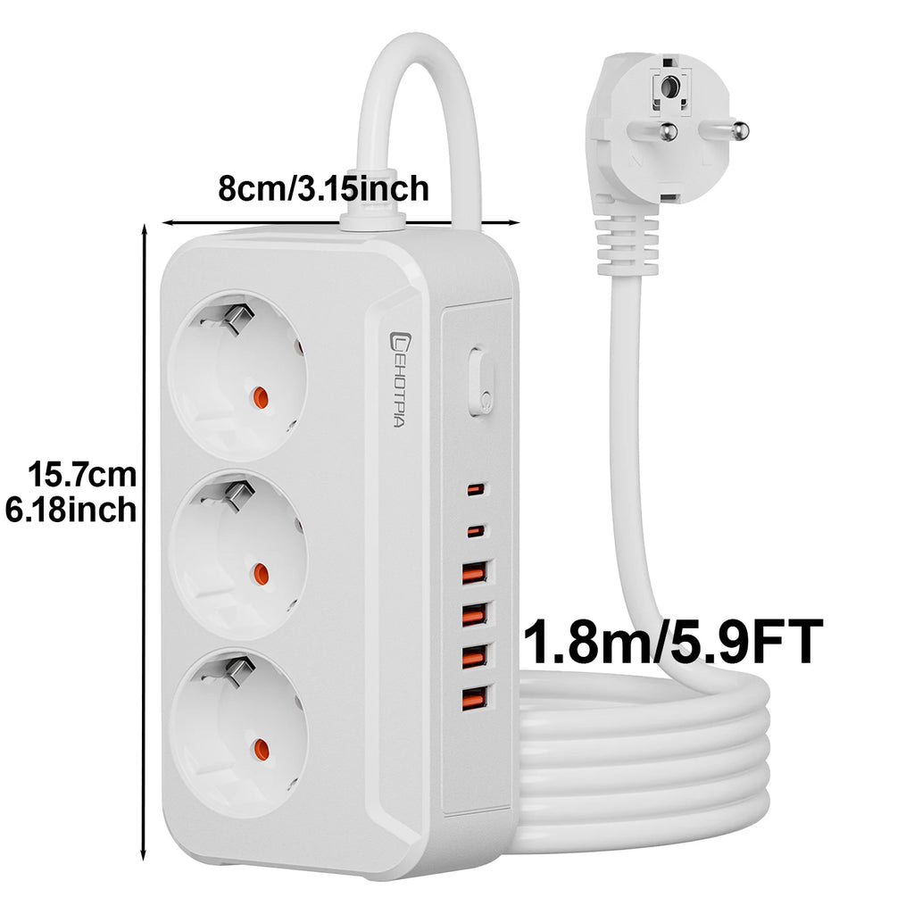 Multiprise EU 2500W avec Câble 1.8m – Prises AC & USB-C