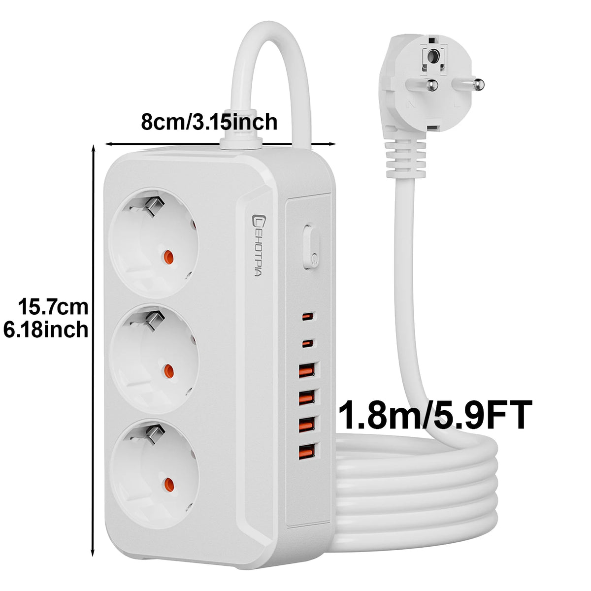 Multiprise EU 2500W avec Câble 1.8m – Prises AC & USB-C