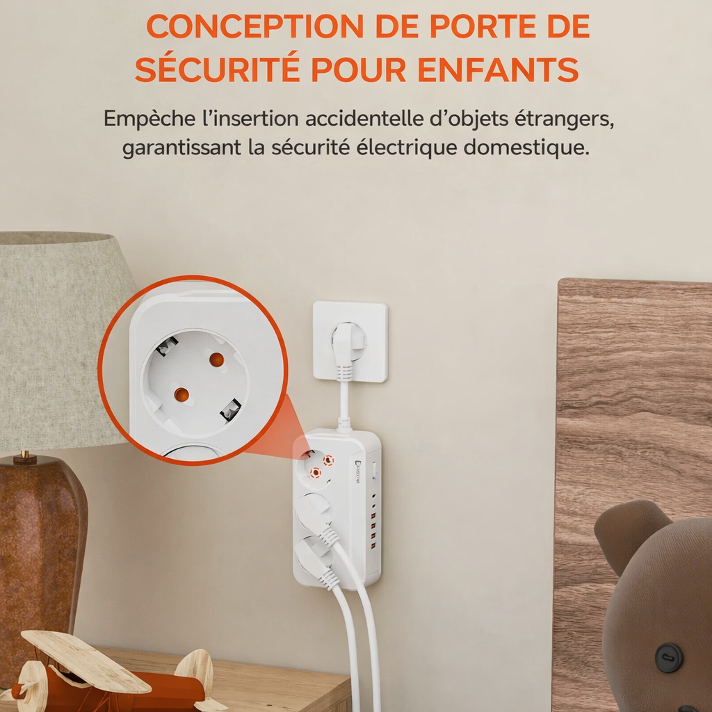 Multiprise EU 2500W avec Câble 1.8m – Prises AC & USB-C
