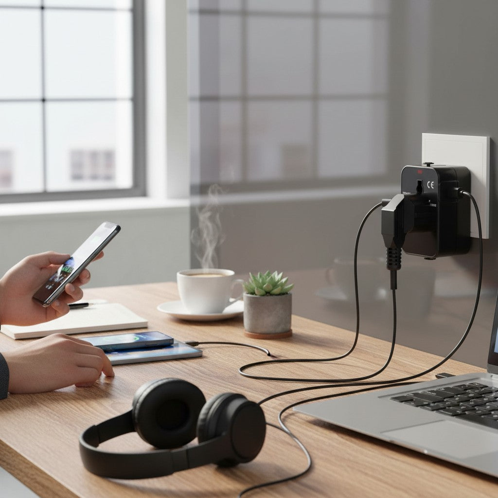 Adaptateur Prise Voyage Universel – All-in-One EU/UK/US/AUS avec USB-C & USB-A 2.4A