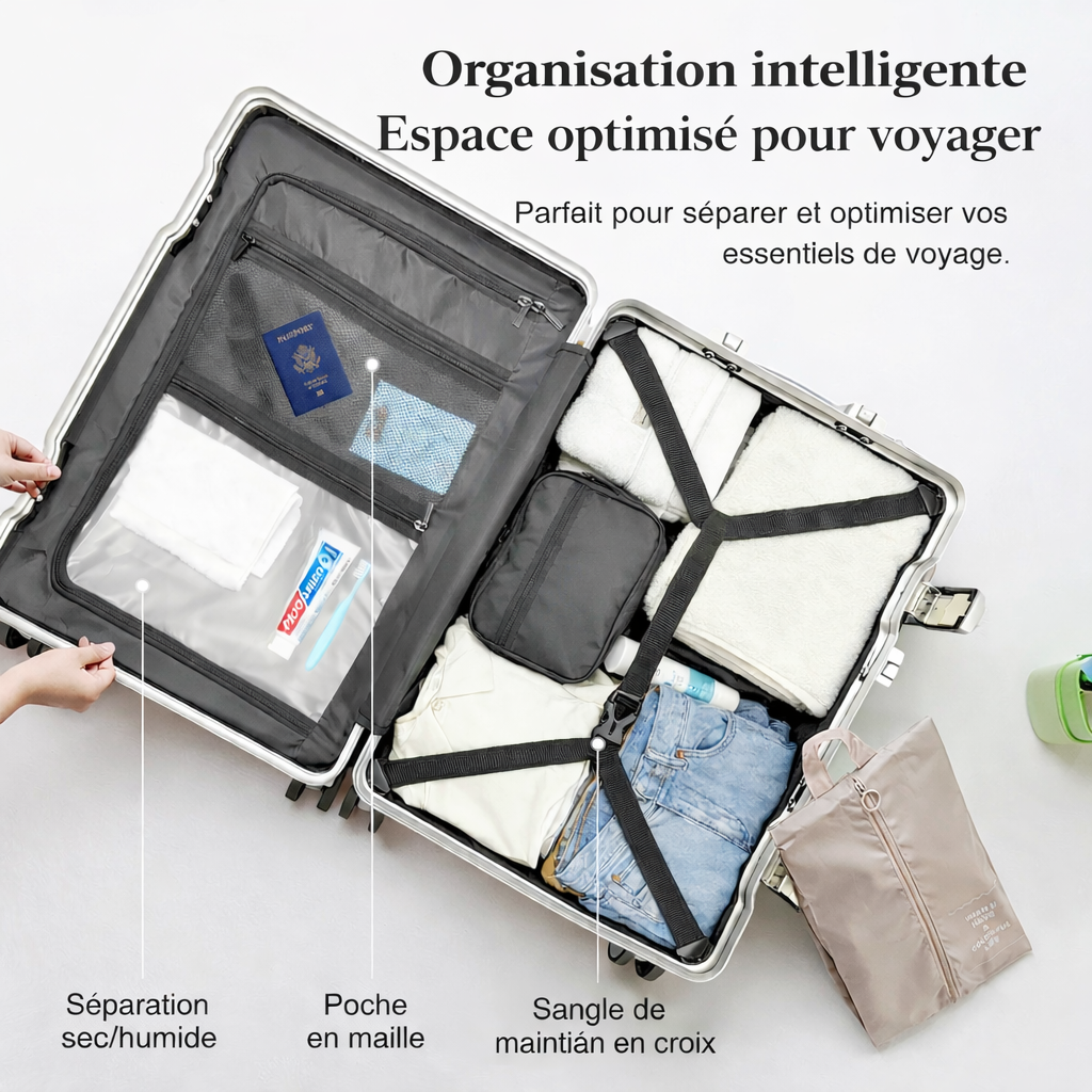 Valise Cadre Aluminium & Coque PC – Roues Silencieuses 360° – Serrure TSA – Cabine & Soute